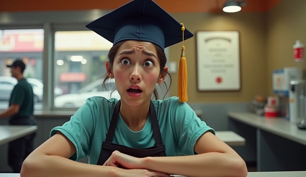 Unrelated Jobs: A person wearing a graduation cap but working in a fast-food restaurant or a mundane, unrelated job, looking frustrated or disappointed. A diploma might be hanging uselessly in the background.
