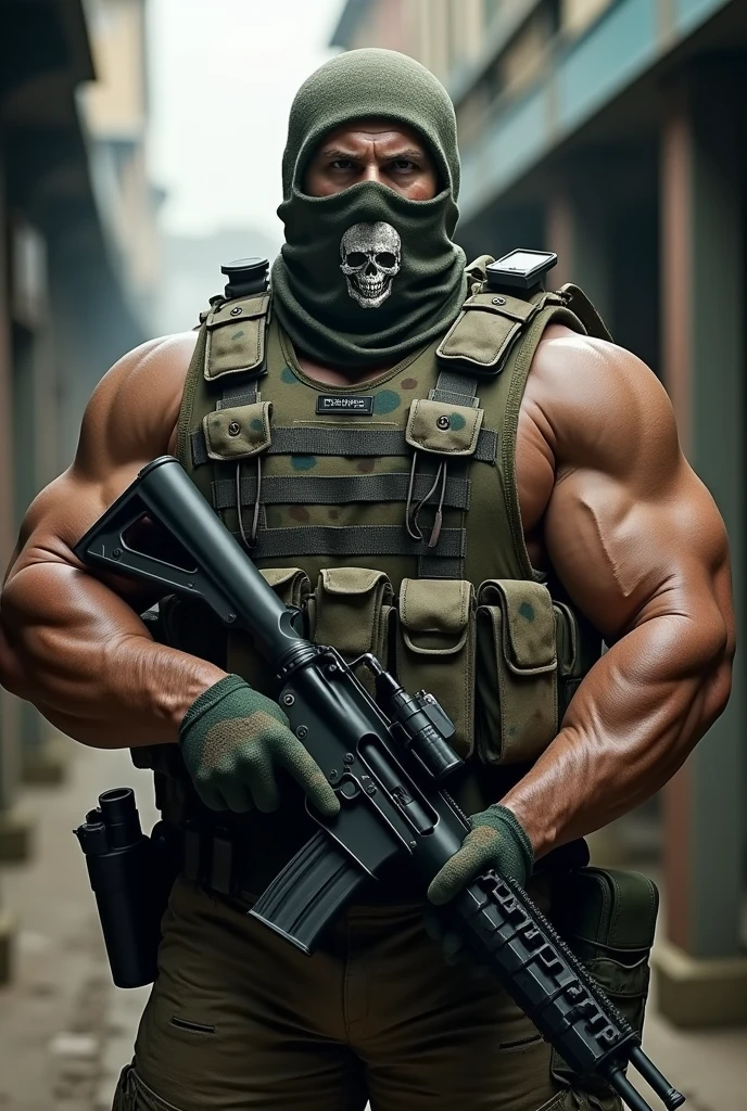 ultra realistic 8k, A white man. Heavy Infantry Army Soldier(ultra reslista). He wears a camouflage balaclava with a skull on it. Muscular and corpulent physique of 2,30 meters high(Realist 8K). He wears a Brazilian army uniform and wears a heavy vest., he uses a lot of heavy equipment on it(detailed relist 8k). he is in a barracks. He holds a sturdy machine gun with a large magazine..