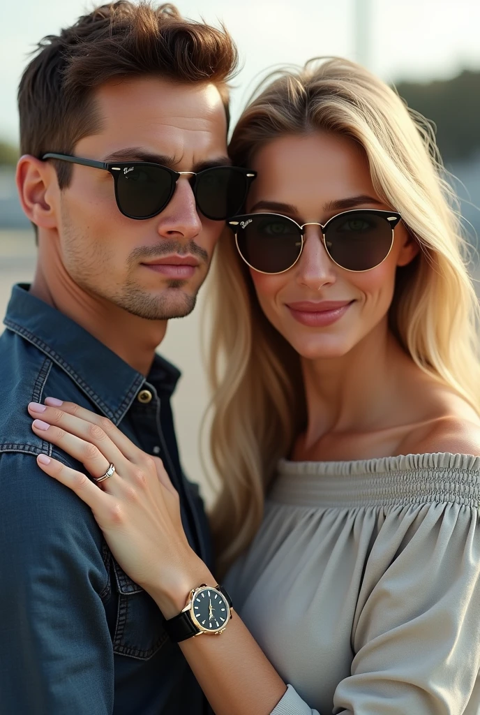 (Photorealism:1.1) a couple man dark brown hair and brown eyes together with a woman blonde green eyes long hair  no pitlane da formula 1 em Monza óculos Rayban e um IWC portuguese e usando aliança de casamento 8k ultra realistic super detailed