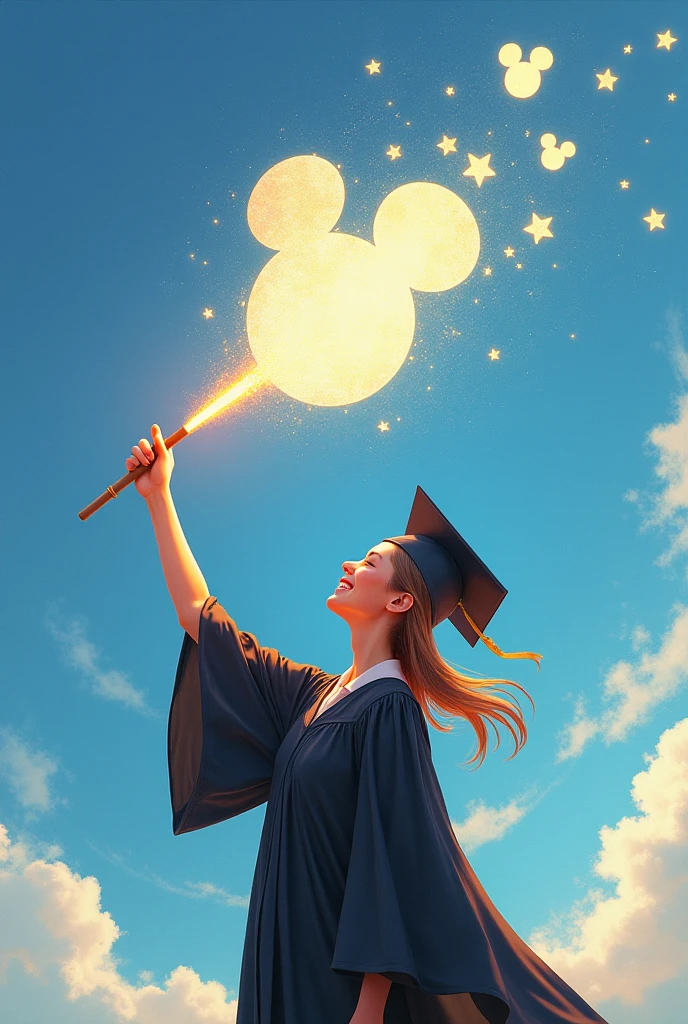 Create an image of a female graduate making the Disney logo, Mickey Mouse's, with a bright wand and the background being daylight