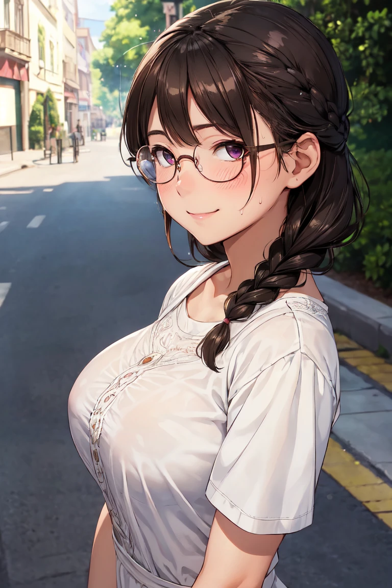 (high quality, High resolution, small details), sidewalk, side view, alone, girl, braid hair, , sparkling eyes, (large round frame glasses), (fine eyes), big breasts, ((gentle smile)), blush, Sweat, oily skin, (Focus plane), shallow depth of field,Disciplined smile,face with shadow