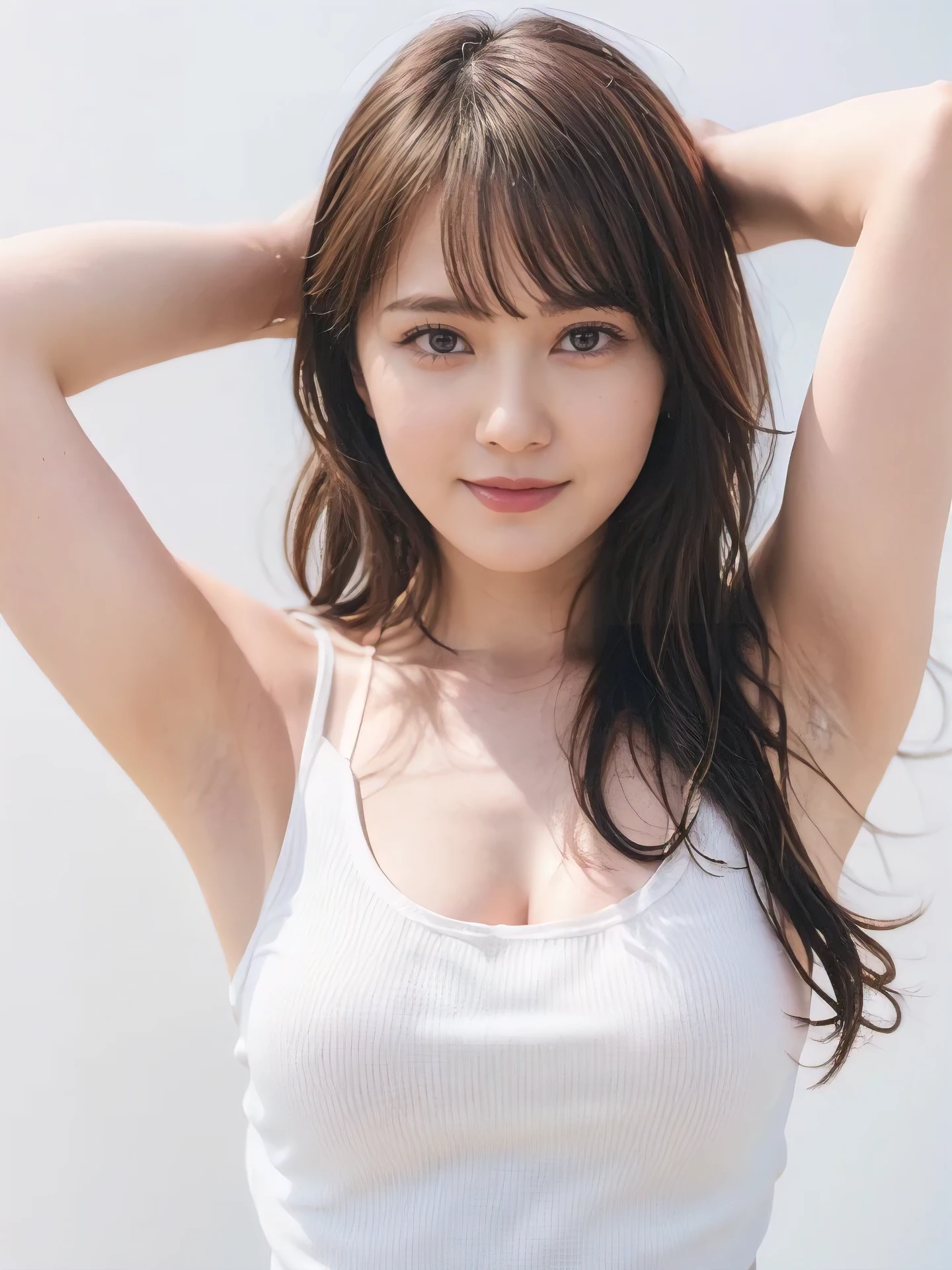 1girl, 25years old woman, (perfectly detailed face), ((Tank tops)), Slim body, Small breasts, medium breasts, cute face, beautiful face, ((looking at viewer)), Simple Background, ((white background)), ((white wallpaper)), White skin, (bright lighting:1.2), perfect lighting, armpits, Show one armpit, Smooth and beautiful armpits, smile, photorealistic, (bokeh), UHD, anatomically correct, highres, masterpiece