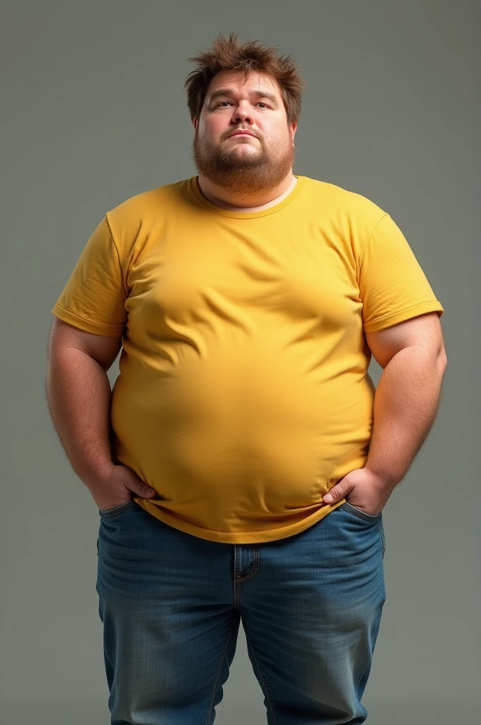 An overweight Caucasian male with brown hair wearing a yellow t shirt that hangs hie belly and blue jeans