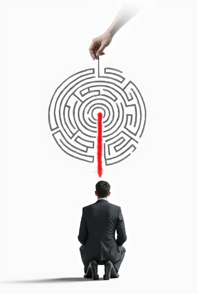 "A business professional in a suit, kneeling and contemplating a large maze drawn on a white surface. The maze is complex, but a large hand is drawing a straight red line across the maze, creating a shortcut directly to the exit. The scene is minimalist, with a focus on problem-solving and finding efficient solutions."

This prompt should create a similar image with a focus on the themes of strategic thinking and finding solutions in a business context.
