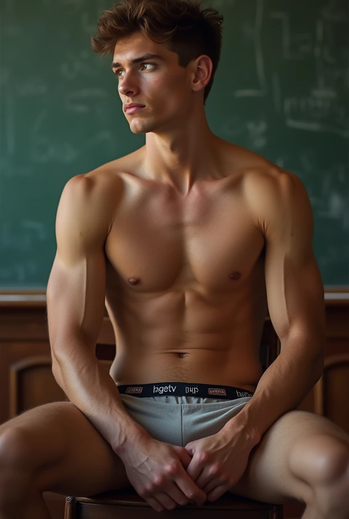 Generates unreal level muscled teen shirtless in underwear in the middle of a class sitting with a huge penis 