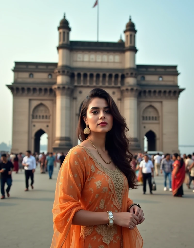 Himanshi khurana posing front of gate way of India