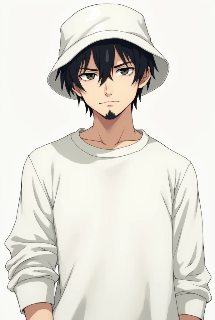 Male character in anime format with white sweatshirt and white bucket hat and black hair with mustache and goatee and serious face