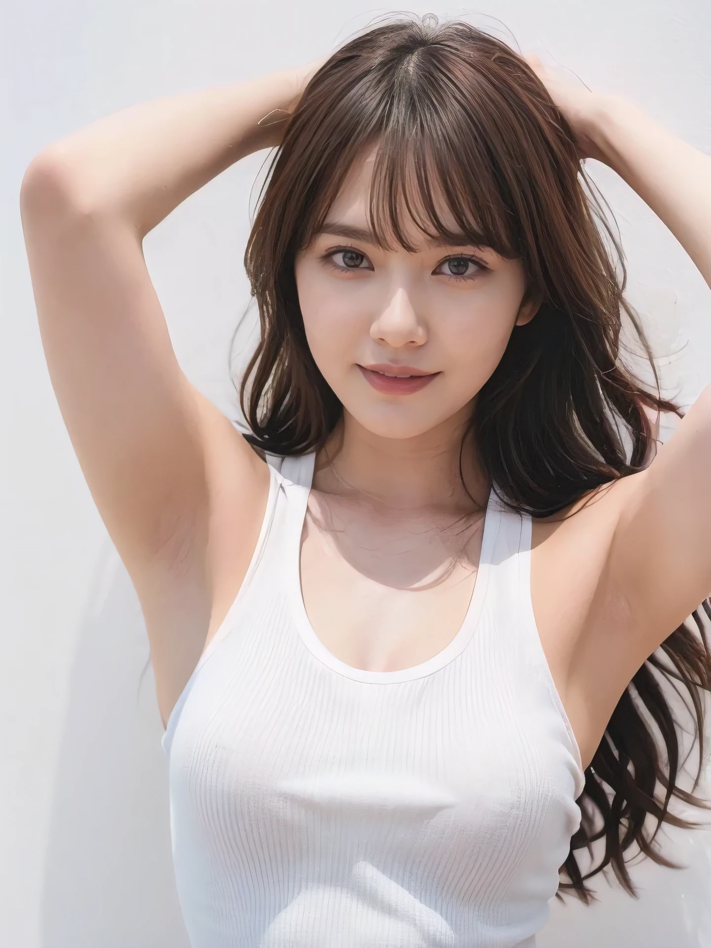 1girl, 25years old woman, (perfectly detailed face), ((Tank tops)), Slim body, Small breasts, medium breasts, cute face, beautiful face, ((looking at viewer)), Simple Background, ((white background)), ((white wallpaper)), White skin, (bright lighting:1.2), perfect lighting, armpits, Show one armpit, Smooth and beautiful armpits, smile, photorealistic, (bokeh), UHD, anatomically correct, highres, masterpiece