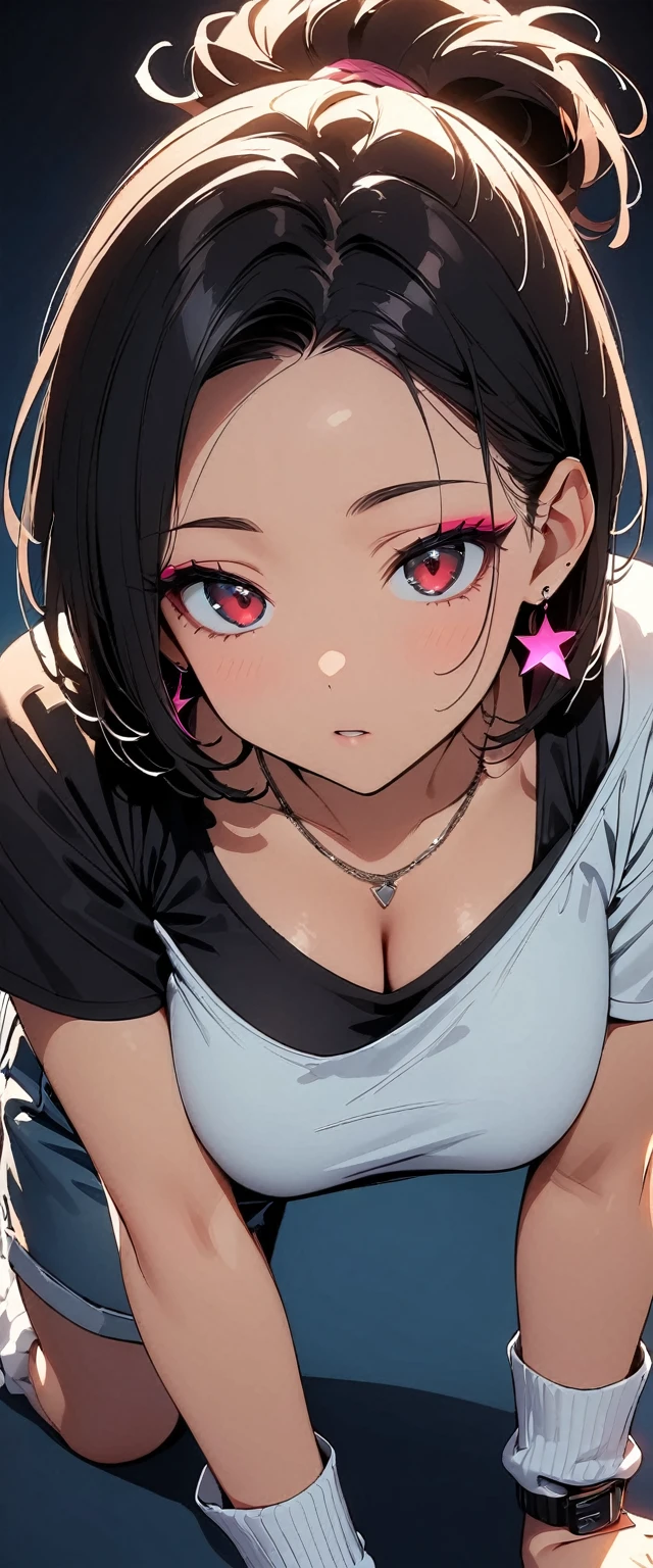 (high quality, 8k, 4K, High Contrast, masterpiece:1.2, 最high quality, Best aesthetics), (Dynamic Angle), ((1 female)),((On all fours:1.5)), ((A plain background:1.3)), ((Flat Color)),High Contrast, Contrasting colors, , Pale pink and blue lighting, blackTshirt,Denim shorts,(White loose socks),Green sneakers, Looking at the audience, (Cool look), Sleepy eyes, ((Short Hair)) , (Tied Hair), Black Hair, Red eyes, Small star-shaped earrings in both ears, bright eyeshadow,high angle shot, blackベースボールキャップ,Mature face,Smoking:1.4,watch on right wrist,necklace,The cleavage is visible