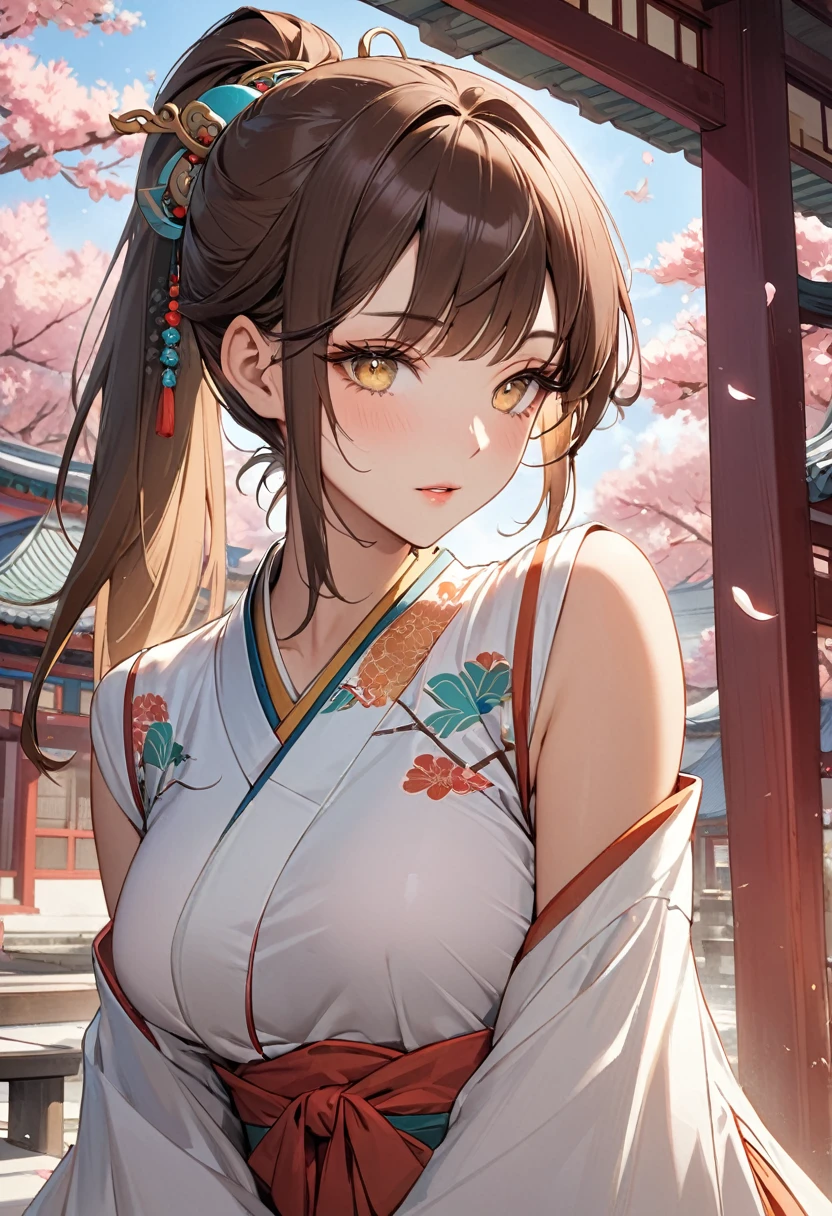 ((best quality)), ((Masterpiece)), (details), Young woman, (Medium bust, brown hair, yellow eyes, ((Ponytail)) , Hip fart, handsome face, (Tanned skin:1.3), Long eyelashes,Thick eyelashes) ,hair accessories, Hanfu, east asian architecture, Petals fall, cherry tree, Ancient Chinese clothing，Dunhuang costume