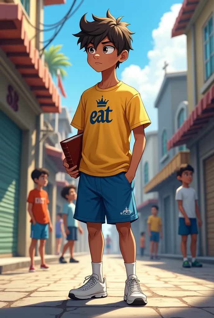 a teenage, brown skin, short black hair. He is wearing a yellow shirt that has a small blue crown on the chest.. On the shirt there are the letters EAT He is wearing blue shorts, white futsal shoes and wears small white socks. One hand is in the pocket and the other is holding a bible. Ao fundo, there is a small church with gray walls and other boys in the background. He is on the paved street of a big city and the sun is shining brightly.. He has a serious face.