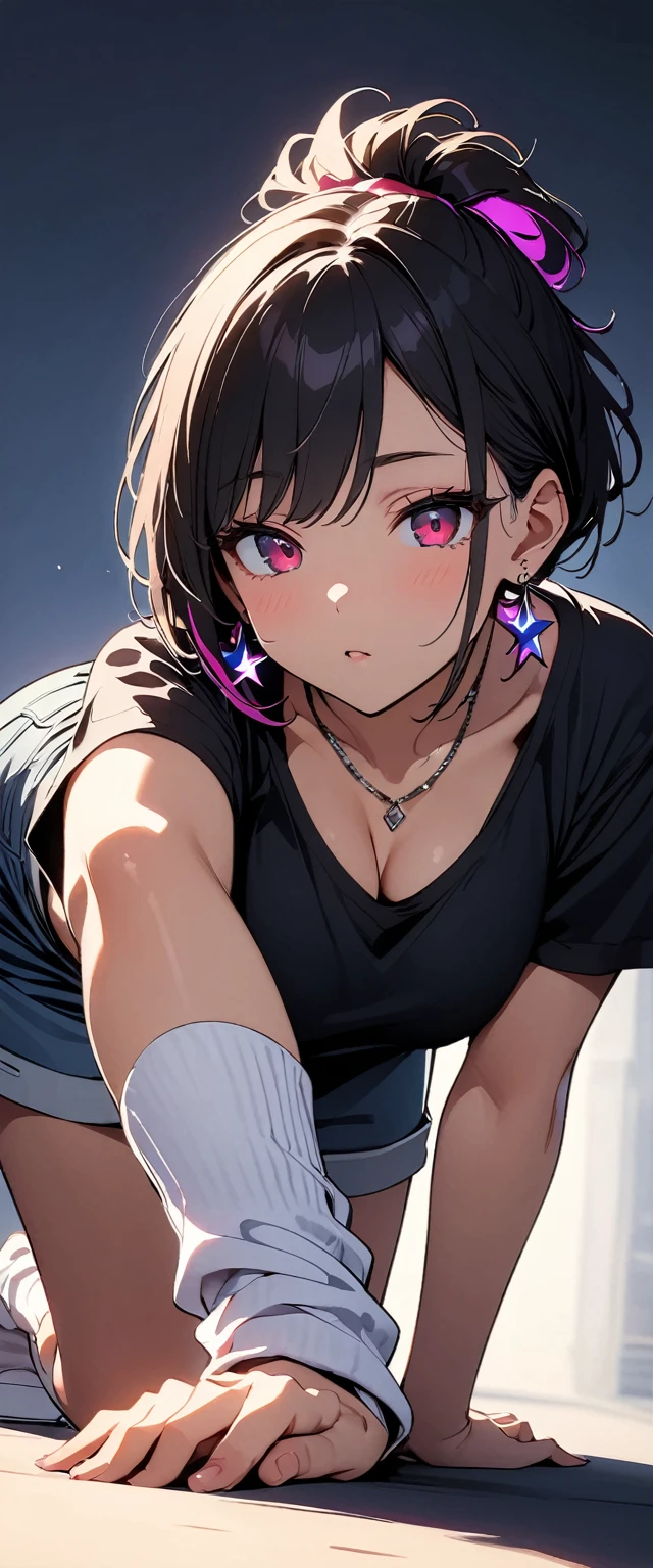 (high quality, 8k, 4K, High Contrast, masterpiece:1.2, 最high quality, Best aesthetics), (Dynamic Angle), ((1 female)),((On all fours:1.5)), ((A plain background:1.3)), ((Flat Color)),High Contrast, Contrasting colors, , Pale pink and blue lighting, blackTshirt,Denim shorts,(White loose socks),Green sneakers, Looking at the audience, (Cool look), Sleepy eyes, ((Short Hair)) , (Tied Hair), Black Hair, Red eyes, Small star-shaped earrings in both ears, bright eyeshadow,high angle shot, blackベースボールキャップ,Mature face,Smoking:1.4,watch on right wrist,necklace,The cleavage is visible