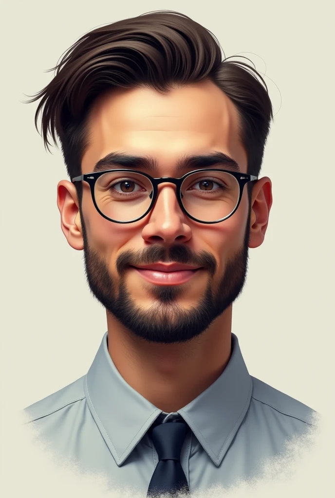 Realistic drawing of young teacher with glasses, straight hair and beard