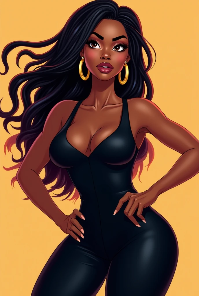 cartoon beautiful black woman curvy body brown eyes brown dread locks with a
large gold dangle earrings wearing a black jumpsuit