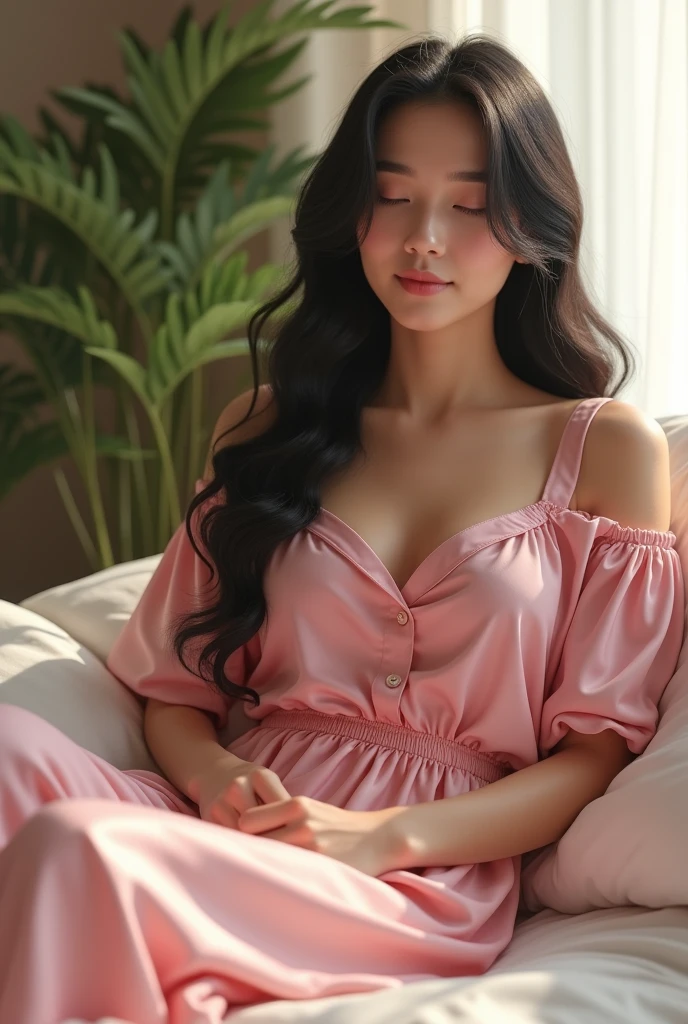 (photorealism:1.2), beautiful woman, sitting on bed, wearing loose off-shoulder pink satin top, pajama pink satin pants, long black hair, indoors, soft lighting, plants in background, window with sunlight, cozy luxury room, relaxed pose, realistic, intricate details, pink colors