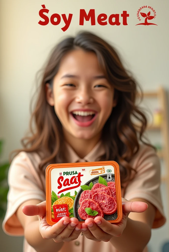 Draw a poster for my soy meat product with an emotional design,A person showing the product and showing the packaging of the brand called soy meat in Spanish 
