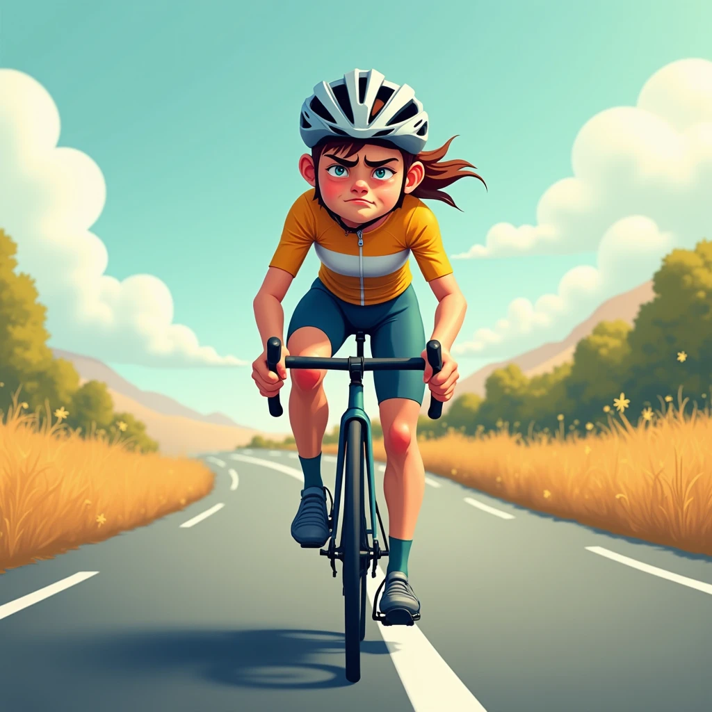 Road bike cyclist facing forward, headwind effect, tired face