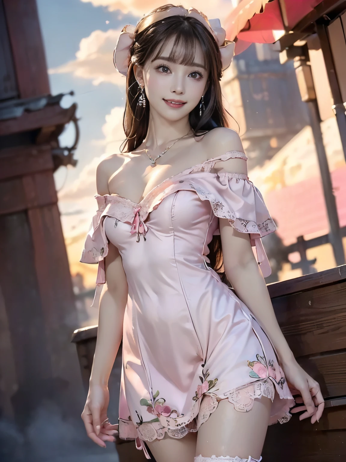 ((((Highest quality))))、(((Ultra-precision CG16K wallpaper)))、(((masterpiece)))、(((Super detailed)))、(((Extreme detail)))、((1Mature 2 woman:1.6))、((Very beautiful Japan face of a person))、((Urizane Face:1.8))、((straight medium long hair、blunt bangs:1.6))、(Shiny Hair)、double eyelid、High nose、Small nostrils、Small Mouth、Seductive lips、Beautiful breasts、((B cup size breasts))、Cleavage、(5 thin fingers、Detailed fingers、Beautiful nails)、Beautiful feet、((Thin thighs:1.3))、eight-headed body、Perfect proportions、Perfect Anatomy、Perfect composition、Beautiful detailed shading、Beautiful, natural lighting、Beautiful detail glow、Depth of written boundary、(((High chroma)))、(((Real:1.9)))、((vivid:1.5))、((Beautiful Skin))、((Silky skin))、((Mochi skin))、(((Cowboy Shot:1.6)))、(((front view、shoot from front、front low angle:1.6)))、(((smile:1.6)))、(((looking at camera:1.6)))、Bright daylight、Natural light、(((background_Outdoor park、Sky and Clouds:1.5)))、(Standing Pose:1.6)、(((Pink off-shoulder lace mini dress:1.6)))、((necklace、Wearing earrings:1.5))、
