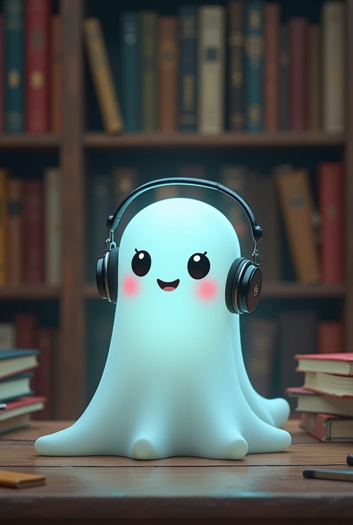 Cute little ghost with headset and judging look (books close)
