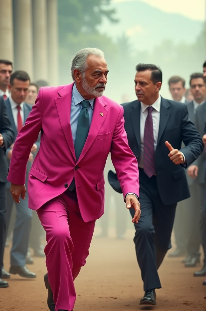 President do brasil Lula in a pink suit and President Jair Messias Bolsonaro running behind Luiz Inácio Lula da Silva with a club in his hands