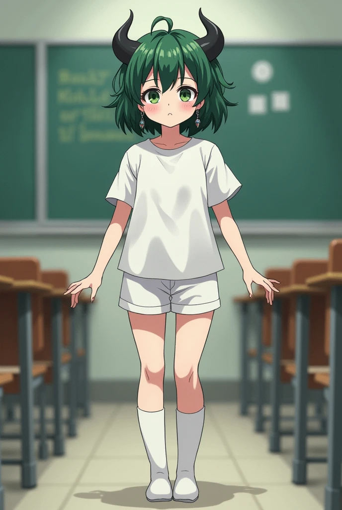 anime a bit thicc girl with short green fluffy hair on the face with a slightly dark body with horns coming out of his head with a dark body with chubby cheeks with white clothes with knee-high sock with earrings in ears standing in the school