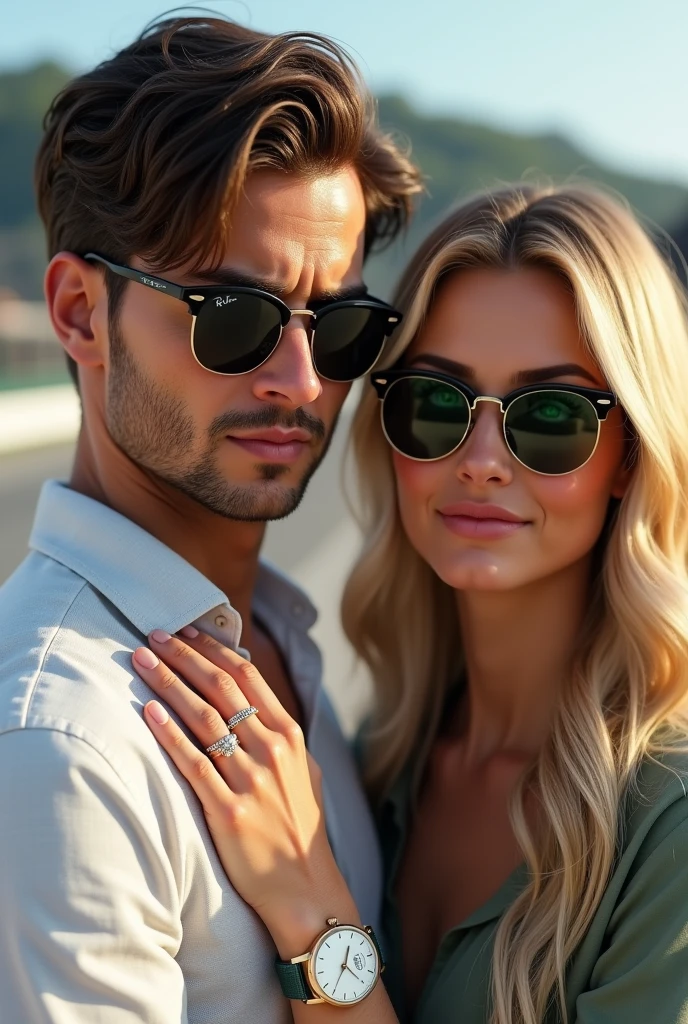 (Photorealism:1.1) a couple man dark brown hair and brown eyes together with a woman blonde green eyes long hair no pitlane da formula 1 em Monza óculos Rayban e um IWC portuguese e usando aliança de casamento 8k ultra realistic super detailed