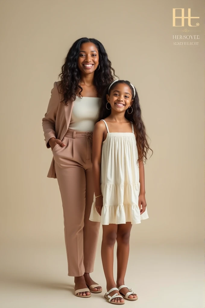 Advertising campaign photo with a company logo in the upper right corner behind them, dressed in a similar way and the mother behind the daughter 