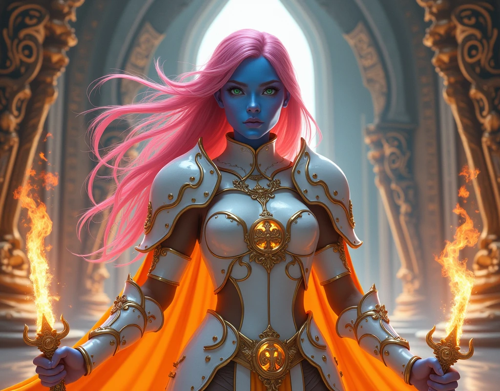 fantasy art, dnd art, RPG art, wide shot, (masterpiece: 1.4) a (portrait: 1.3) intense details, highly detailed, photorealistic, best quality, highres, portrait a female (fantasy art, Masterpiece, best quality: 1.3) ((blue skin: 1.5)), intense details facial details, exquisite beauty, (fantasy art, Masterpiece, best quality) cleric, (blue skinned: 1.3) female, (pink hair: 1.3), long hair, (no ears: 1.5), (green eyes: 1.3), armed with a fiery sword red fire, wearing heavy (white armor: 1.3), wearing high heeled boots, wearing an (orange cloak:1.3), wearing glowing holy symbol GlowingRunes_yellow, within fantasy temple background, reflection light, high details, best quality, 16k, [ultra detailed], masterpiece, best quality, (extremely detailed), close up, ultra wide shot, photorealistic, RAW, fantasy art, dnd art, fantasy art, realistic art,((best quality)), ((masterpiece)), (detailed), perfect face, art by mooncryptowow
