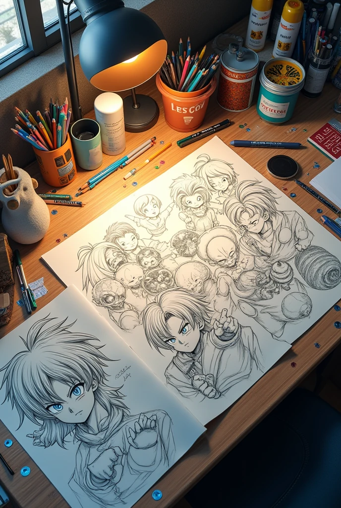 a desk seen from above, all mess, with various drawings and sketches of Dragon Ball Z and other animes 