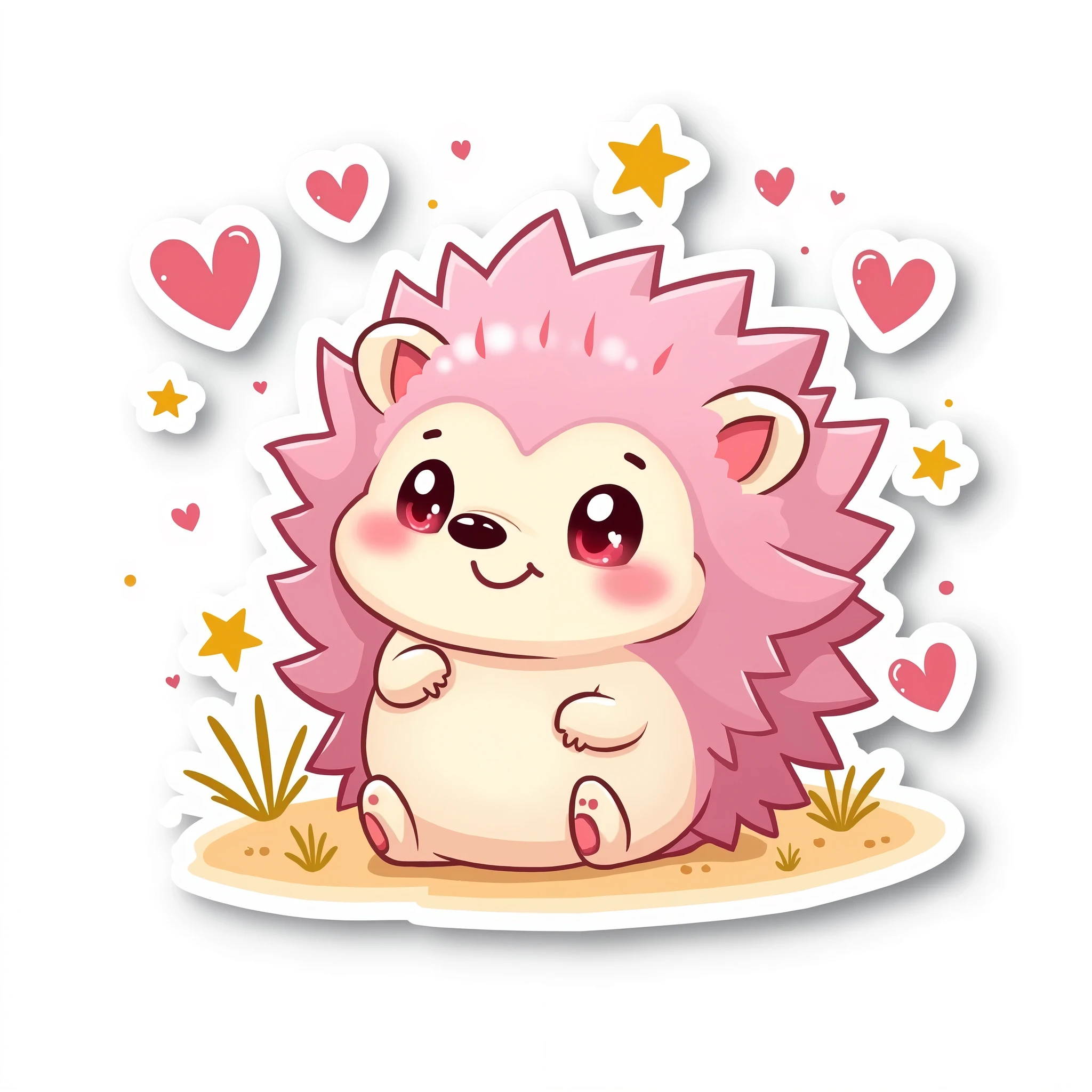 A sticker of a kawaii hedgehog with a  and a big head, surrounded by little stars and hearts, with a thick white border for an eye-catching and adorable sticker