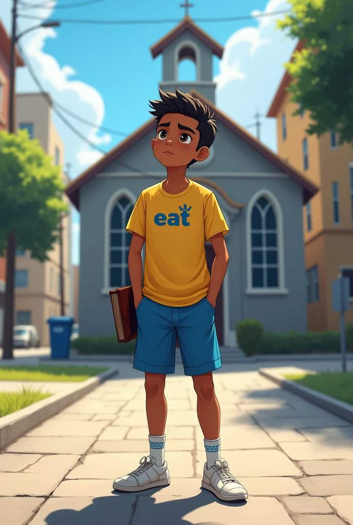 a teenage, brown skin, short black hair. He is wearing a yellow shirt that has a small blue crown on the chest.. On the shirt there are the letters EAT He is wearing blue shorts, white futsal shoes and wears small white socks. One hand is in the pocket and the other is holding a bible. Ao fundo, there is a small baptist church with gray walls. He is on the paved street of a big city and the sun is shining brightly.. He has a serious face.