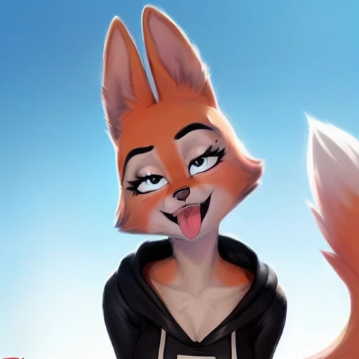 a beautiful and detailed full-length portrait of Diane Foxington,orange body, black lips, eyelash, eyebrow piercing, head tilted,cinematic, presumptuous, ahegao, tongue out, Rolling eyes, 