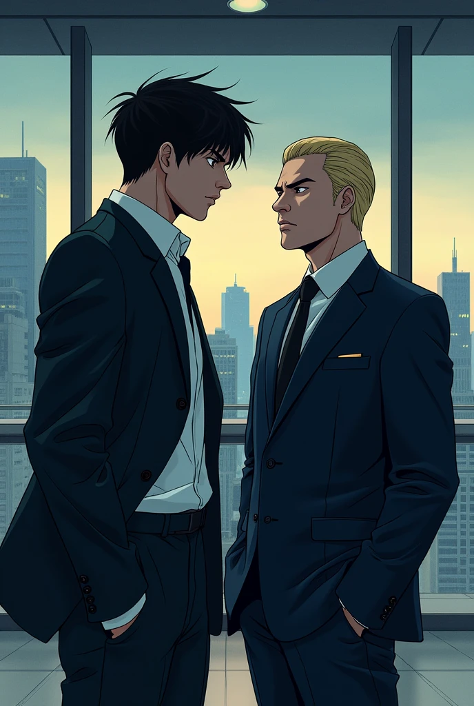 The cover of this book would have a bold and elegant design, reflecting the tension and dynamism of the story. In the foreground, Yokomichi is positioned on the left side of the cover, his determined gaze turned to the right, towards Chairman Alpha. Yokomichi has short black hair, with bangs that fall slightly over his intense brown eyes. He is wearing a well-fitting suit, but with a touch of rebellion, such as a loose tie or a partially unbuttoned shirt, suggesting his defiant and nonconformist nature. On the right side of the cover, Chairman Alpha, an imposing man with neat blond hair and piercing ice-blue eyes, stands in a commanding yet intrigued posture. He is wearing an impeccably tailored suit, with an expression of calm and control, but there is a slight frown on his brow that suggests that Yokomichi has stirred something within him. The backdrop of the cover is a sleek, modern office with large windows that showcase a city skyline at dusk, symbolizing both the corporate environment and the idea of “hunting” between the two characters. There is a palpable tension between them, almost as if the energy between Omega and Alpha is electrifying the air around them. The title of the book is at the top of the cover, in a modern, sophisticated typography, with the author’s name discreetly positioned at the bottom. The contrast between the formality of the setting and the tension of the characters perfectly captures the conflict and determination that drives the narrative.
