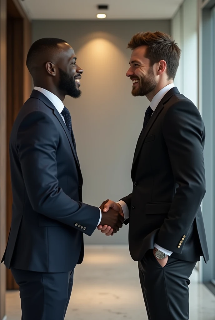 Two men, one African one caucasian, wearing nice clothes and shaking each others hand