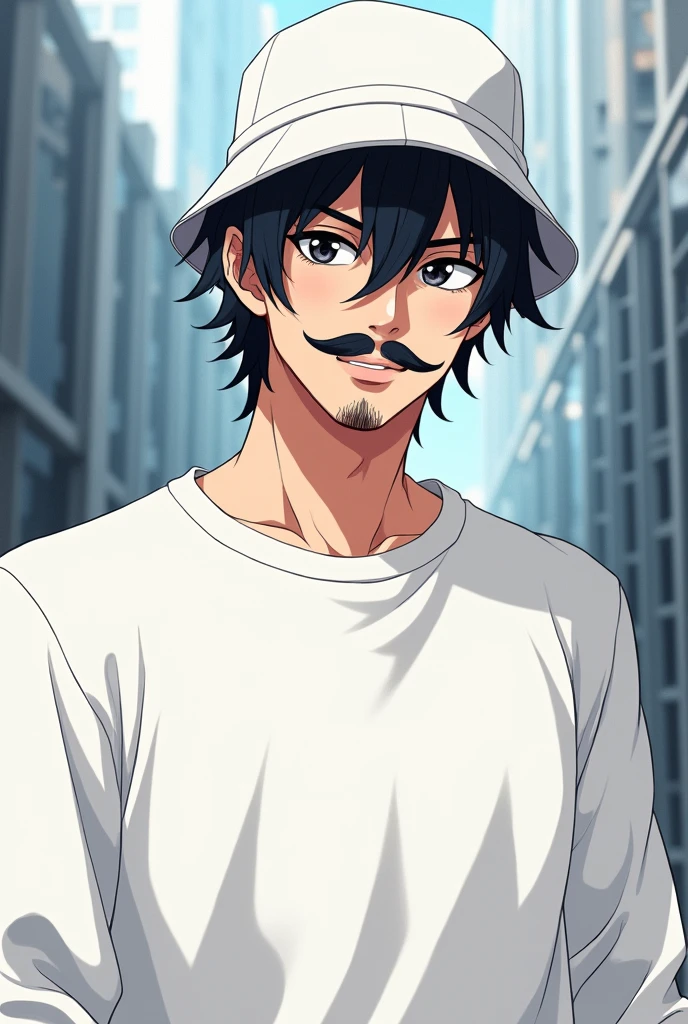 Anime-style male character with white sweatshirt and white bucket hat and black hair with mustache and goatee 