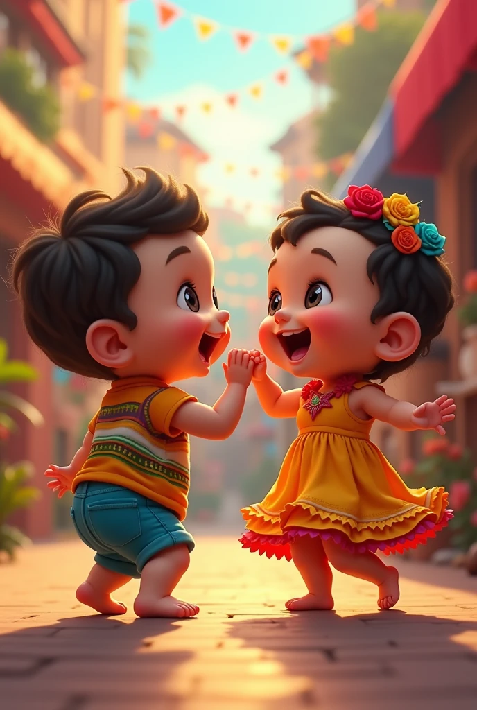 A baby boy and a baby girl dancing merengue
