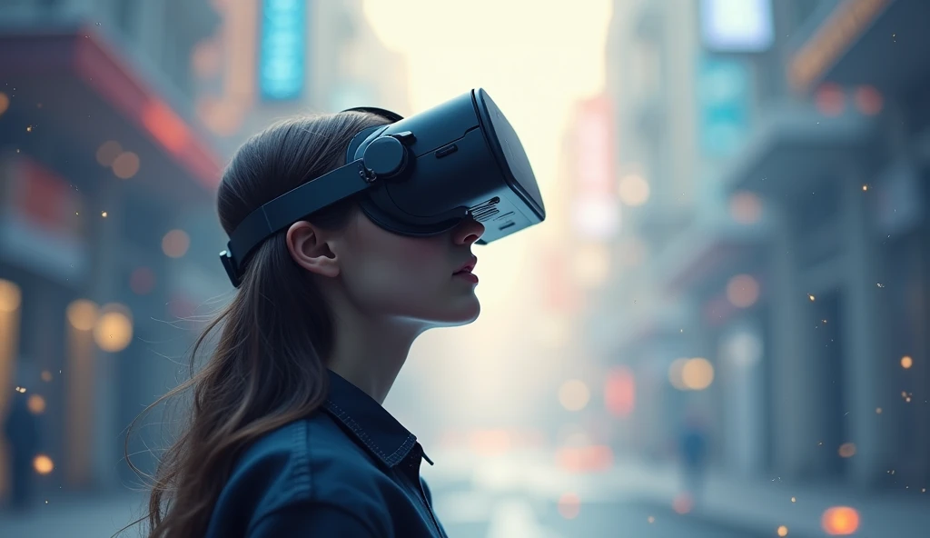 A person wearing virtual reality goggles, seeing beyond the appearances of the physical world