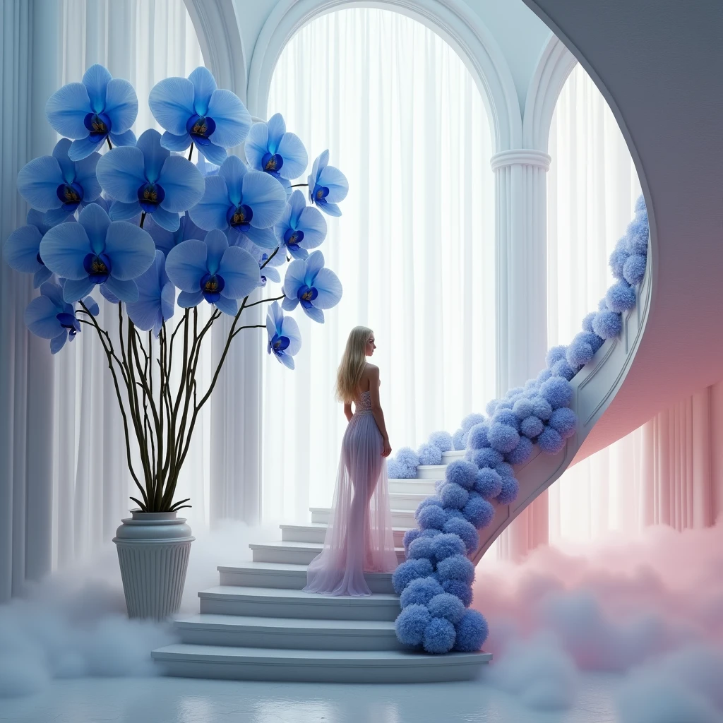 На goldй красивой художественной лестнице, Curved, interesting shape, there is a cute blonde girl standing, in extravagant clothes, away from the light fog around and at the feet, minimalist, elegant, pure gentle, Soft bright light, veil, sheer curtains, lace beautiful lingerie, beautiful white staircase with blue flowers along the entire staircase,, photorealistic. Giant single dark blue orchid , with huge and long dark blue petals. (petal made of thin and soft tulle, flowing petals full background, Mix of pink smoke and fog effects from colored blue fog on the ground and petals). Extravagant, beautiful woman full length, nice legs, shoes, , lace,gold, white staircase, strewn with pale pink , screw gold things,, stair, U-shaped, curved and wooden .
