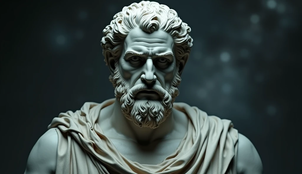 a realistic greek white marble statue, stoic, , brave and scary, detailed wearing a ghostly toga, darkness background, , photorrealistic, Horror Movie Dinner, super detailed, hyper realist, darkness background,, serious face, powerful background, dark surroundings, 
close up face,  face close, face close, close up face, face close, galaxy background