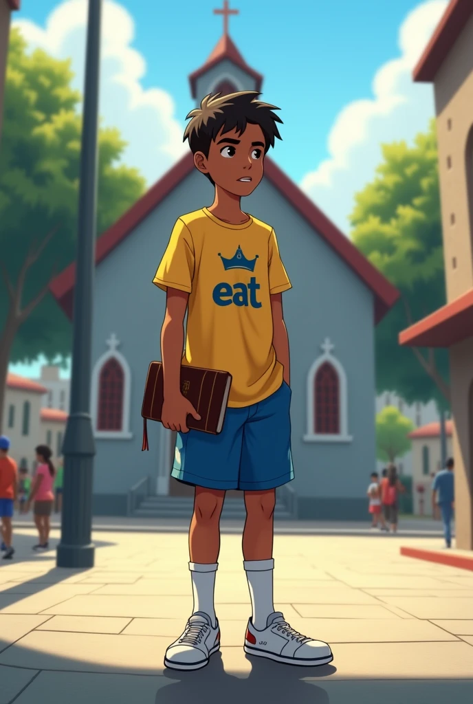 a teenage, brown skin, short black hair. He is wearing a yellow shirt that has a small blue crown on the chest.. On the shirt there are the letters EAT He is wearing blue shorts, white futsal shoes and wears small white socks. One hand is in the pocket and the other is holding a bible. Ao fundo, there is a small baptist church with gray walls. He is on the paved street of a big city and the sun is shining brightly.. He has a serious face.