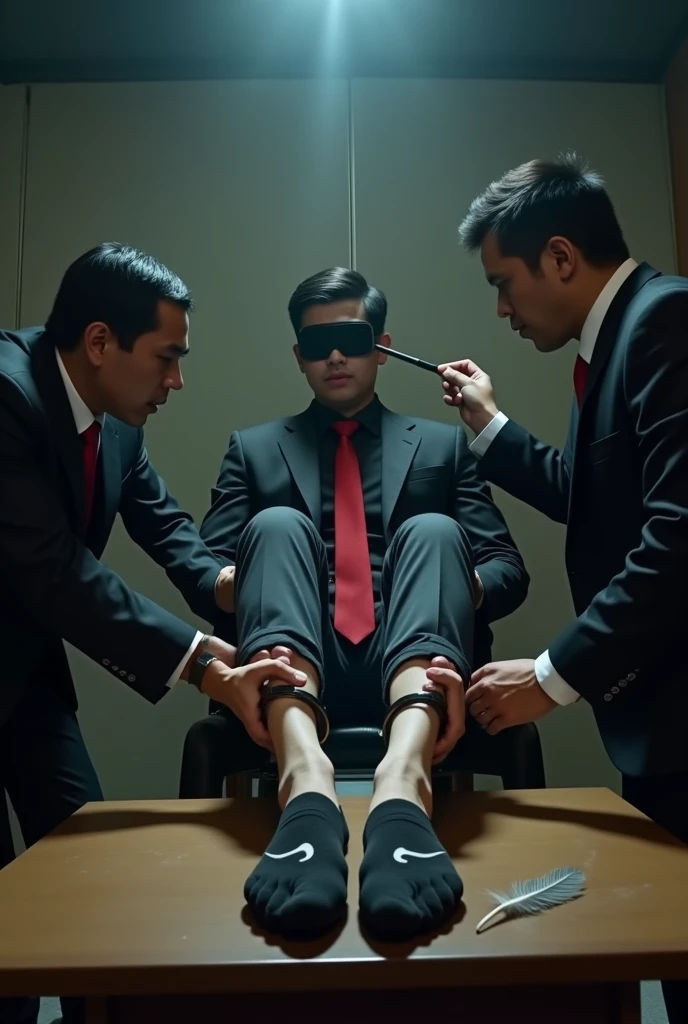 Malaysia malay handsome 19 years
His handcuff in warehouse
Blindfolded
Black Suit and Red tie
feet on desk
feather
A pair of Nike shoes on desk
5 toes each feet
Black sock
Smoke effect at sole
2 man tickle his feet
1 man take off his socks
1 man holding feather tickle his feet
He laugh very hard