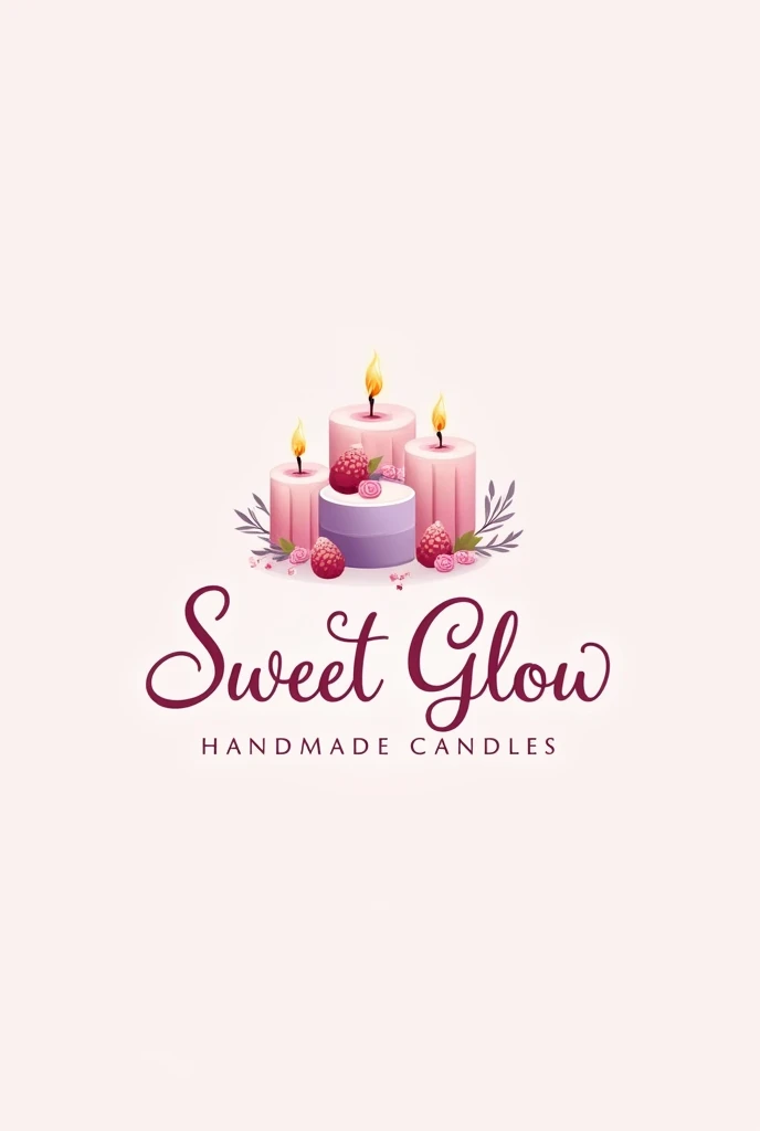 Create a logo with the name Sweet Glow handmade candles, pink and lilac color, Candles in the shape of desserts, elegant calligraphy