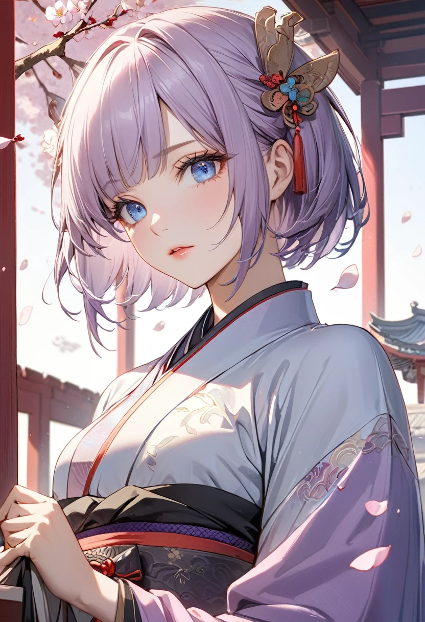 ((best quality)), ((Masterpiece)), (details), Young woman, alone, ( light purple hair, blue eyes, ((short hair)) , beautiful face, Beautiful skin, Long eyelashes, Thick eyelashes)  , hair accessories, Hanfu, east asian architecture, Petals fall, cherry tree, Ancient Chinese clothing，Dunhuang costume