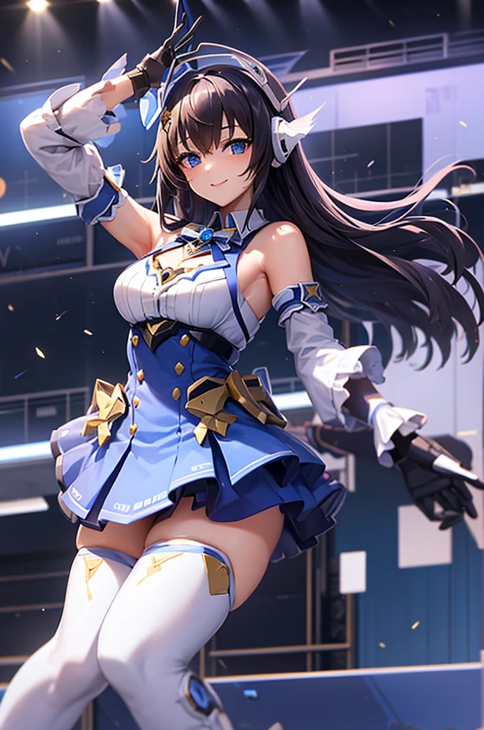 mecha wings、White and blue skirt、Thighs、tights、chest、Black Hair、1 girl、solo girl、IS、Frame Arms Girl、Alice Gere Aegis、Blue Armor、income、headphone、hand on own chest、smile、idol woman、idol dress