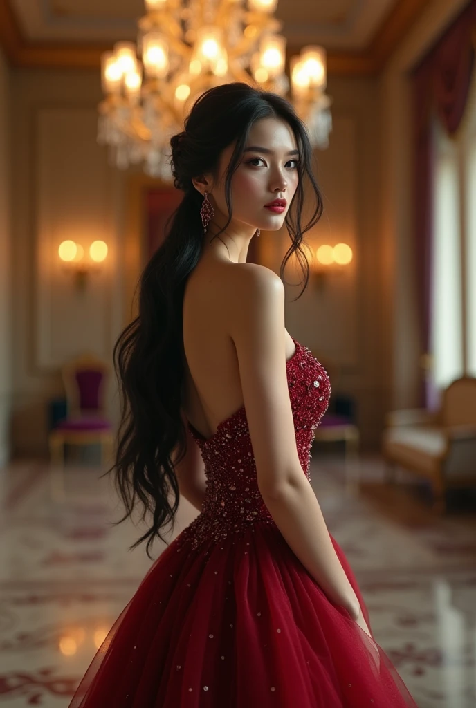 (masterpiece), (extremely intricate:1.3), (ultra realistic), portrait of a girl with exceptionally beautiful facial features and a perfect, thick and fit beautiful body structure, the most beautiful and hottest in the world, (elegant evening dress with intricate beadwork), black hair styled in an updo, standing in a luxurious ballroom with a chandelier, professional photograph of a stunning girl detailed, sharp focus, dramatic, cinematic lighting, octane render unreal engine, volumetrics dtx, (film grain, blurry background, bokeh, depth of field, spotlight, soft shadows)