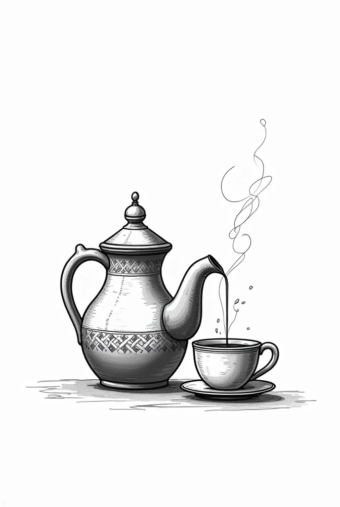 Black and white drawing of ethiopian Jebena pot with being poured to coffee cup