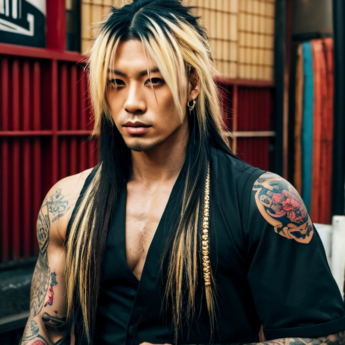 1 man, Japanese man, male, Asian eyes, muscular, broad shoulders, yakuza tattoos, hairstyle Visual Kei style, hair Visual Kei, black men's shirt and black pants, ultra detailed face, hyperrealistic, realistic representation, long hair, long hair, 30 years old, age 30 years, blonde hair