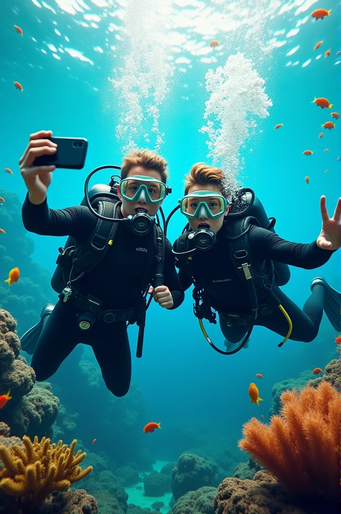 two divers taking selfies underwater
