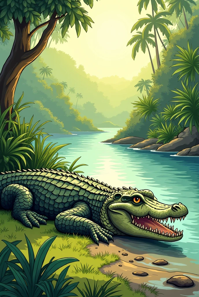 Crocodile Sunbathing by a Riverbank: A crocodile lying on the bank, with the jungle river flowing past. coloring book