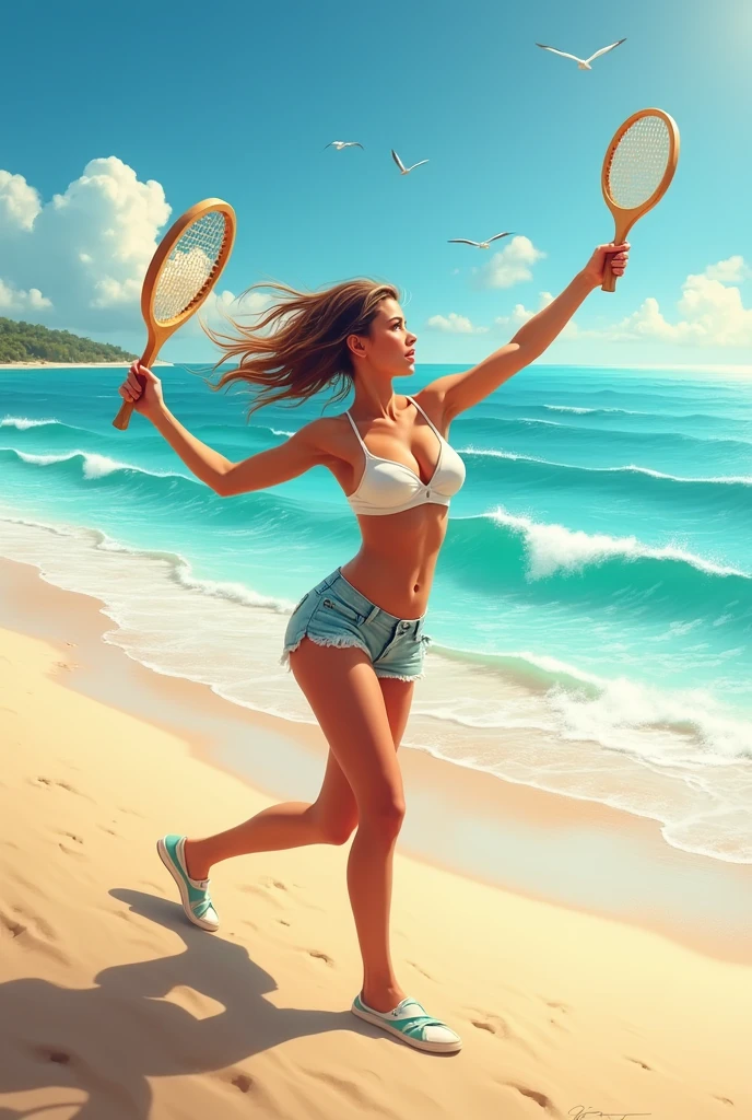 A woman on the beach playing sports with a wooden beach racket
